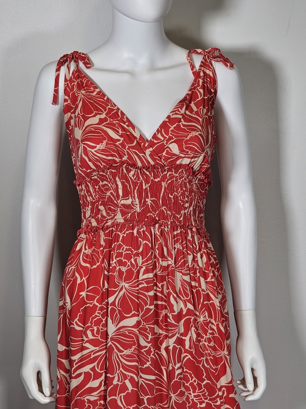 Patrons of Peace Red Pink Floral Tie-Shoulder Maxi Dress with Cream Print Sz S - Picture 2 of 10